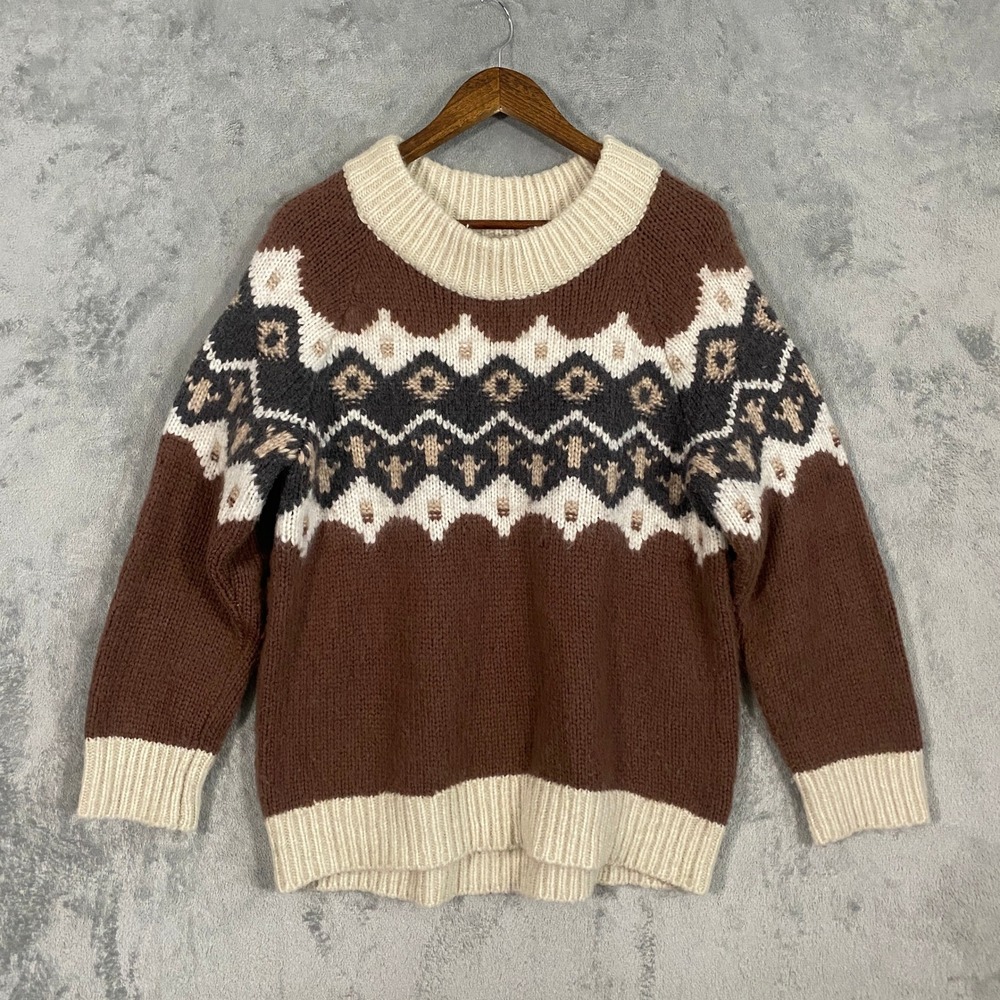 Aerie Sweater Sz M Brown Cream Fair Isle Chunky Knit Wool Blend Nordic Rustic
